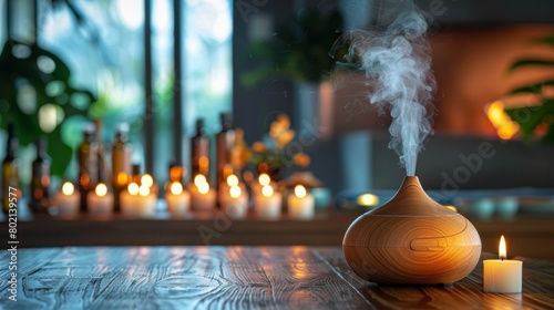 A collection of essential oils and aromatherapy diffuser, promoting relaxation and stress relief photo