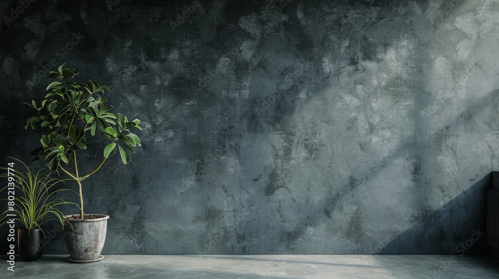 A large wall with a plant in a pot. The wall is made of concrete and has a grey color