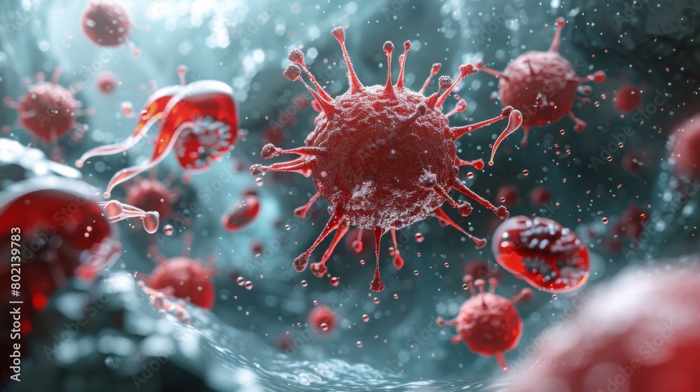 A close up of a red virus with many other red viruses in the background A close up of a red virus with many other red viruses in the background