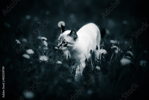 A charming black and white photograph of a kitten strolling through a dandelion-filled meadow on a warm summer evening.
