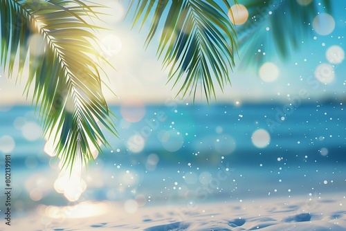 Natural green palm leaves on tropical beach background, light waves, sun, bokeh, Copy space for texts. © Warakorn