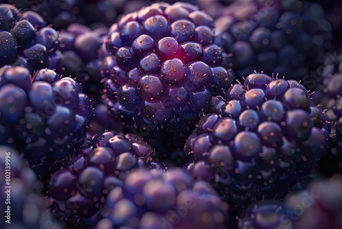 A close-up photograph of a bountiful cluster of ripe blackberries, glistening with morning dew, against a blurred background of green foliage