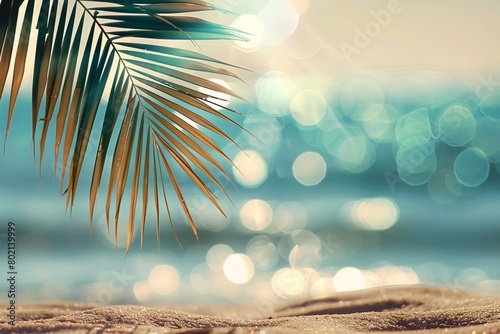 Natural green palm leaves on tropical beach background, light waves, sun, bokeh, Copy space for texts. © Warakorn