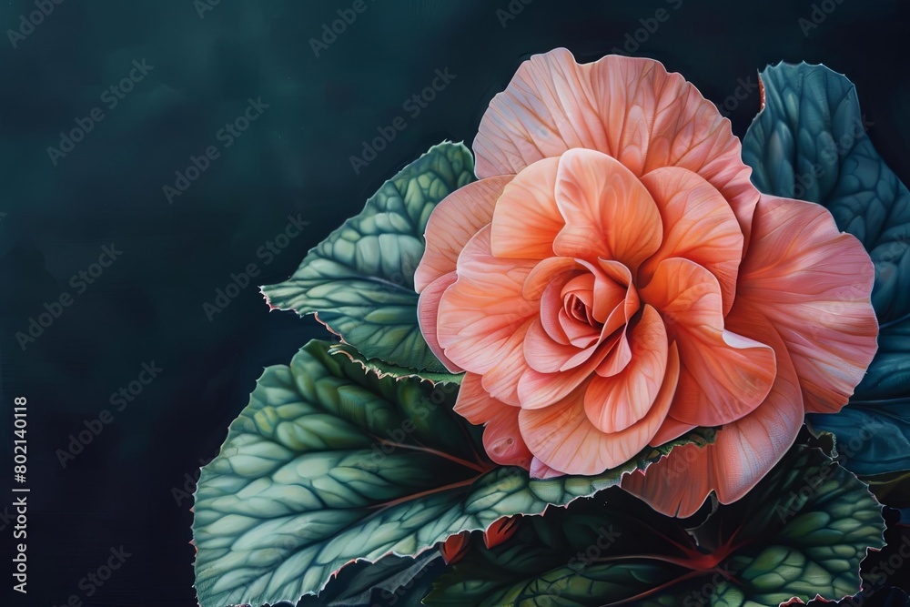 A beautiful and detailed painting of a pink begonia flower with green leaves, set against a dark blue background. A beautiful and detailed painting of a pink begonia flower with green leaves, set against a dark blue background.