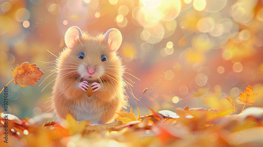 A cute mouse is sitting on a bed of fallen leaves A cute mouse is sitting on a bed of fallen leaves