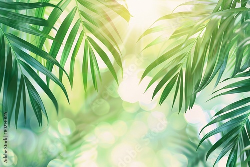 Natural green palm leaves on tropical beach background  light waves  sun  bokeh  Copy space for texts.