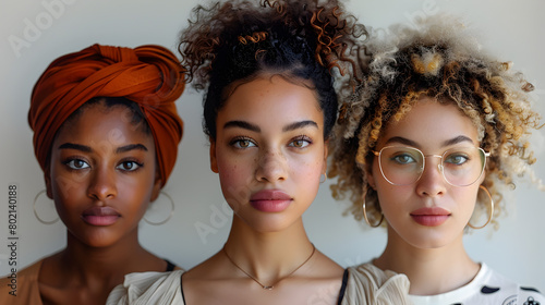 Three Women with Diverse Hair Styles and Colors in Soft-focused Realism and Impressionist Colorism Style