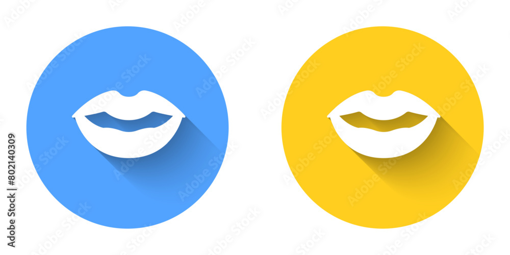 White Smiling lips icon isolated with long shadow background. Smile symbol. Circle button. Vector White Smiling lips icon isolated with long shadow background. Smile symbol. Circle button. Vector