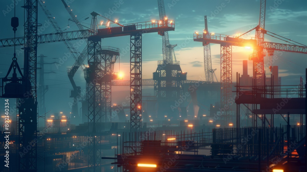 A mystical evening scene at a large industrial construction site with multiple cranes and illuminated scaffolding under a dusky sky.