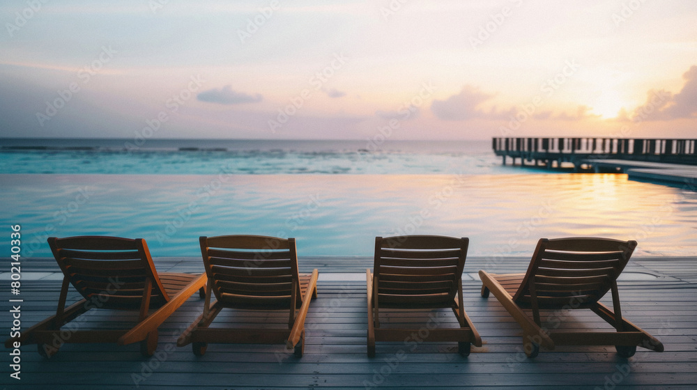 A pool with four lounge chairs on the deck