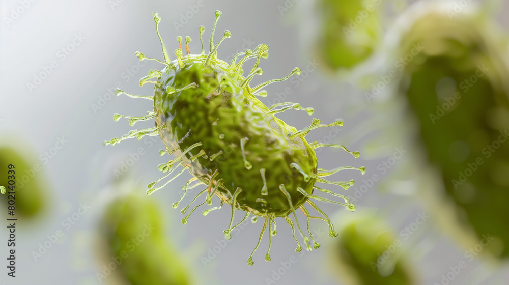 Naklejka premium A close-up image of a single microbe isolated on a white background, with a shallow depth of field highlighting its intricate details. The blurred background enhances the focus on the microbe