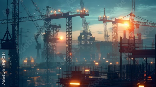 A mystical evening scene at a large industrial construction site with multiple cranes and illuminated scaffolding under a dusky sky.