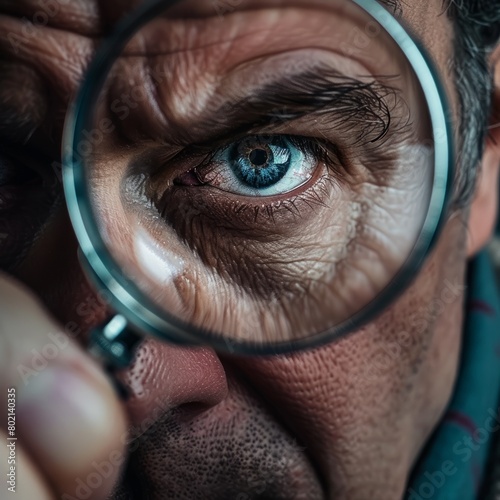 Intense close-up of a man's eye viewed through a magnifying glass, highlighting the detailed texture and vivid blue color of the iris.