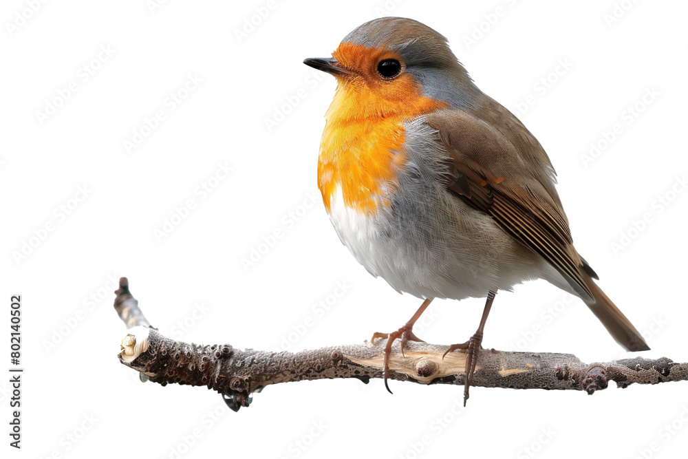A cute robin perched on a branch, isolated on transparent background, png file