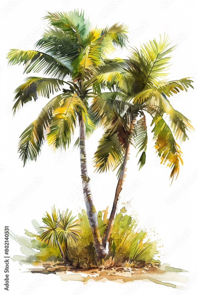 Watercolor painting of twin palm trees, isolated on white.
