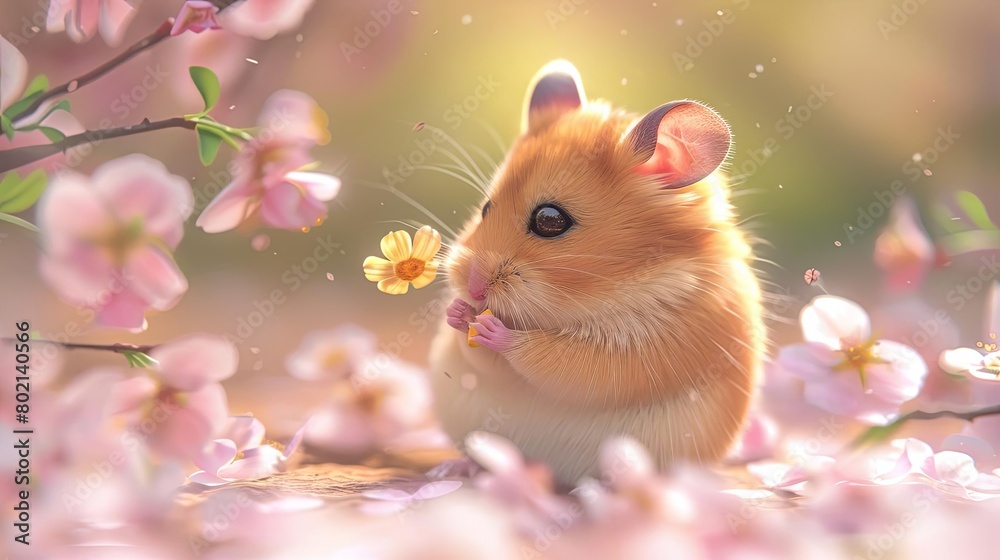 A cute hamster is sitting in a field of flowers. The hamster is surrounded by pink and white flowers. The hamster is eating a yellow flower. The hamster is very happy. A cute hamster is sitting in a field of flowers. The hamster is surrounded by pink and white flowers. The hamster is eating a yellow flower. The hamster is very happy.