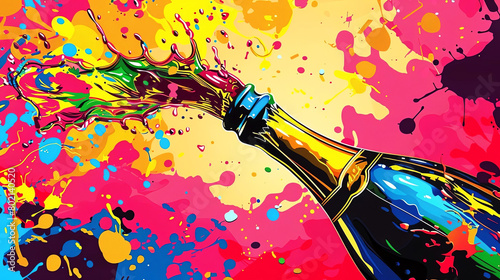 Experience a burst of creativity with this vibrant artwork of an exploding champage bottle photo