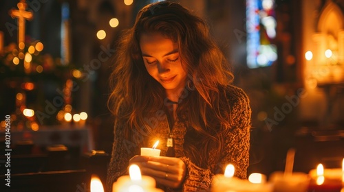 Young Christian woman lights candles in church, prays and shows devotion to God.
