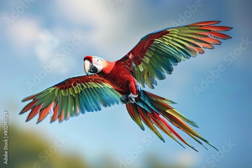 A magnificent Scarlet Macaw soars through the clear blue sky, its vibrant feathers outstretched. © nattapon98