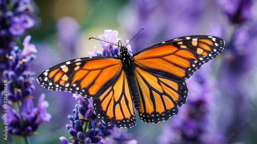 Butterfly Resting on Lavender Flowers at Sunset, Macro Shot. Butterfly Resting on Lavender Flowers at Sunset, Macro Shot.