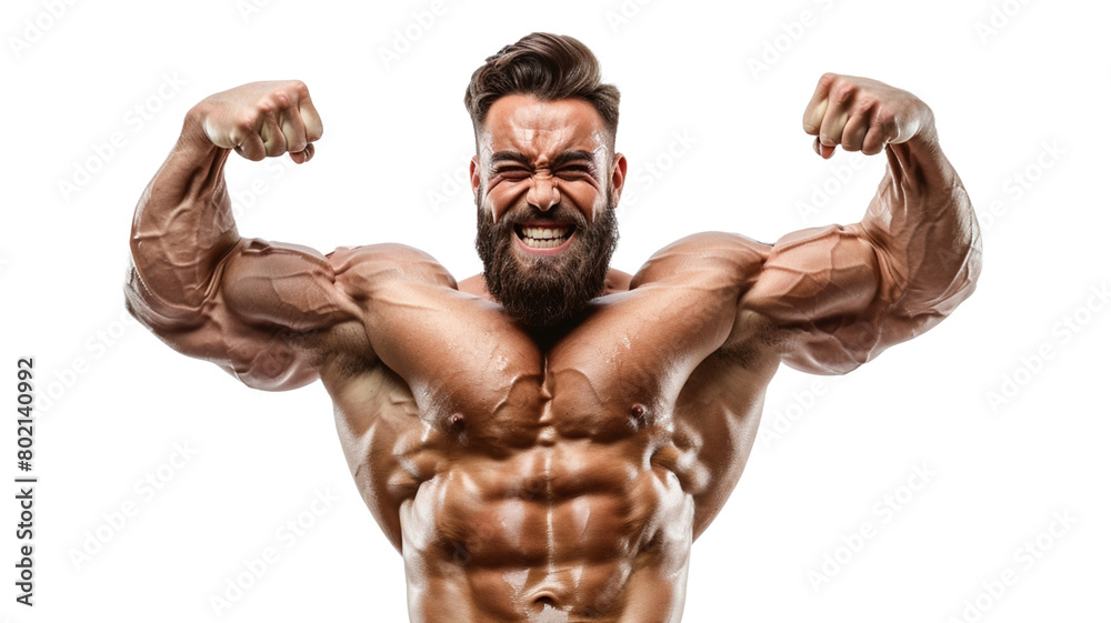 Muscular man showing muscles isolated on transparent background. Strong male naked torso abs.  Male flexing his muscles. Sport workout bodybuilding concept.
