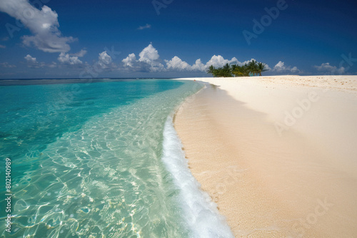 A beautiful beach with a clear blue ocean and white sand