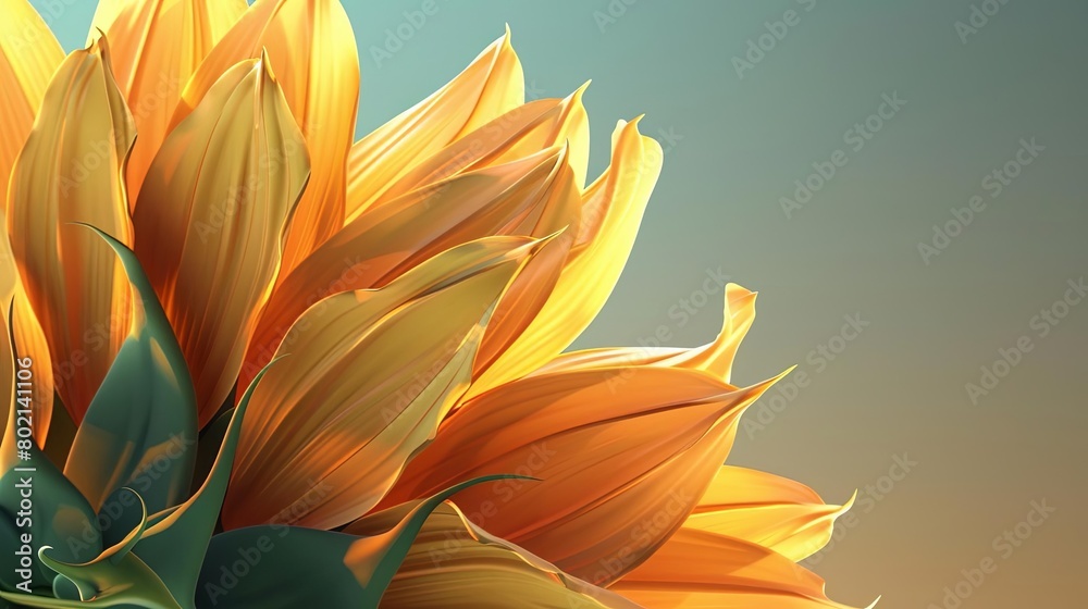 Fototapeta premium A beautiful sunflower, with its bright yellow petals and green leaves, stands tall in a field. The sunflower is a symbol of happiness, joy, and positivity.