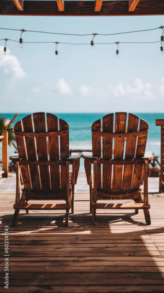 Two wooden beach chairs are facing the ocean