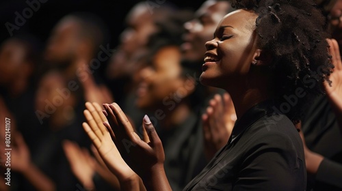 Black Christian gospel singer in church clapping Praise Jesus Christ A dynamic choir shares the message of Christianity. photo