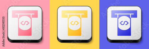 Isometric ATM - Automated teller machine and money icon isolated on pink, yellow and blue background. Square button. Vector