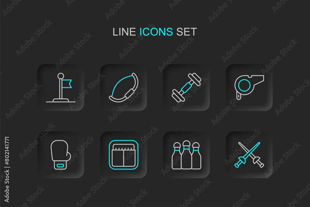 Set line Fencing, Bowling pin, Sport mechanical scoreboard, Boxing glove, Whistle, Dumbbell, Medieval bow and Flag icon. Vector Set line Fencing, Bowling pin, Sport mechanical scoreboard, Boxing glove, Whistle, Dumbbell, Medieval bow and Flag icon. Vector