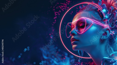 Beautiful woman in futuristic costume, glasses of virtual reality. Round mystical portal