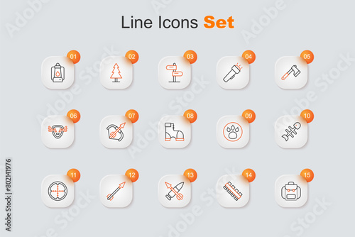 Set line Hiking backpack, Hunting cartridge belt, Crossed bullet with arrow, Medieval, Sniper optical sight, Dead fish, Paw search and Hunter boots icon. Vector
