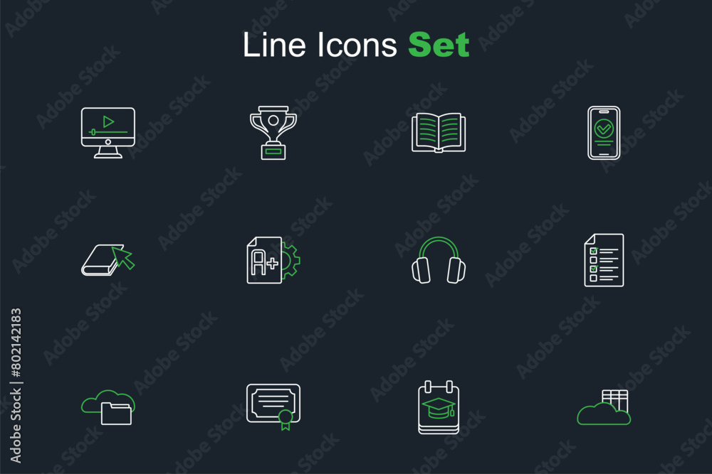 Set line Cloud or online library, Online education, Certificate template, quiz, test, survey, Headphones, Exam sheet with A plus grade and book icon. Vector