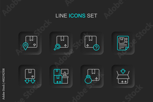 Set line Carton cardboard box, Warehouse with boxes, Cardboard traffic symbol, Waybill, Search package and Location icon. Vector