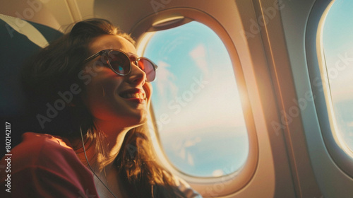 A woman is smiling and looking out the window of an airplane © Synthetica