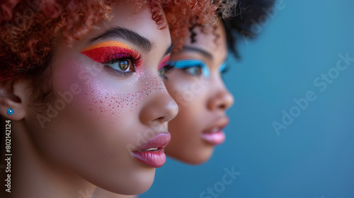 Two Women with Vibrant Makeup in Afrofuturism Style, To provide a unique and modern stock photo of two women with vibrant makeup in the style of