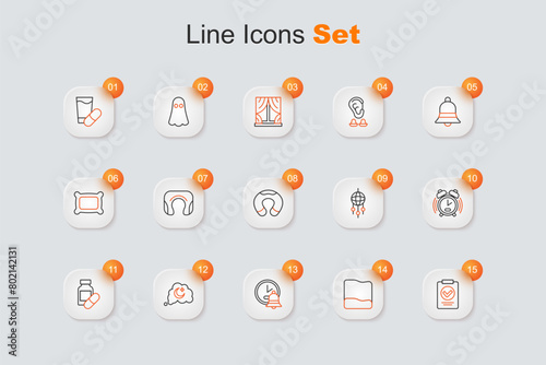 Set line Medical prescription, Pillow, Alarm clock, Dreams, Sleeping pill, catcher with feathers and Travel neck pillow icon. Vector