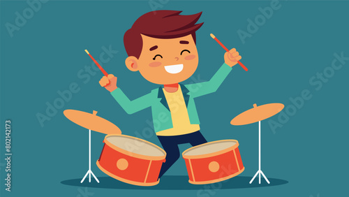 A young boy pretending to be a drummer boy enthusiastically banging on his makeshift drums.. Vector illustration