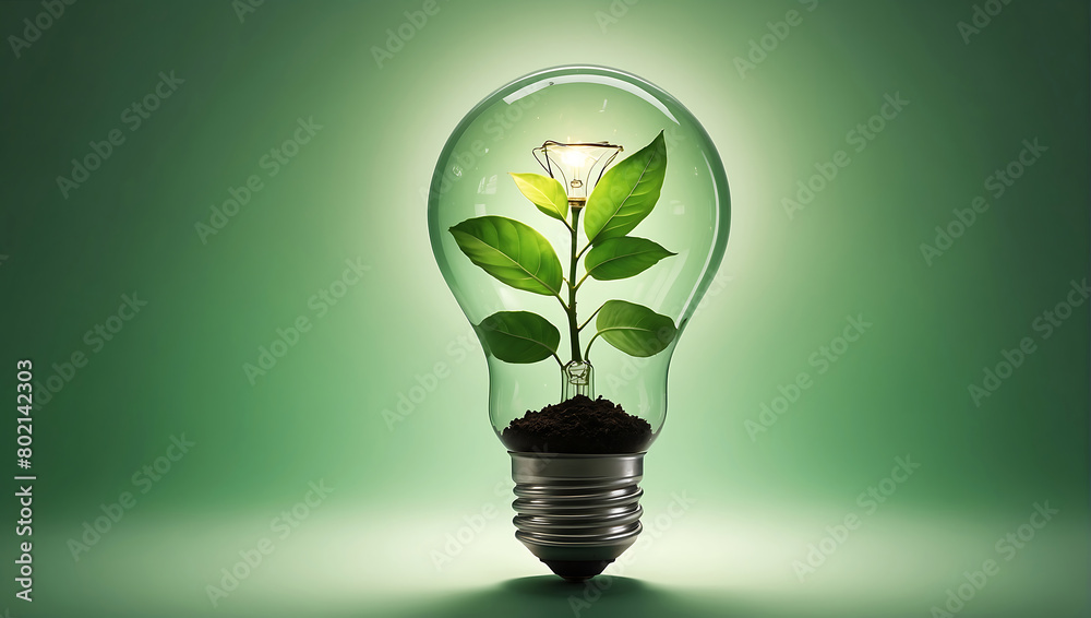 A light bulb with a plant inside of it, green energy, environmental lighting and the source of future growth environment friendly A light bulb with a plant inside of it, green energy, environmental lighting and the source of future growth environment friendly