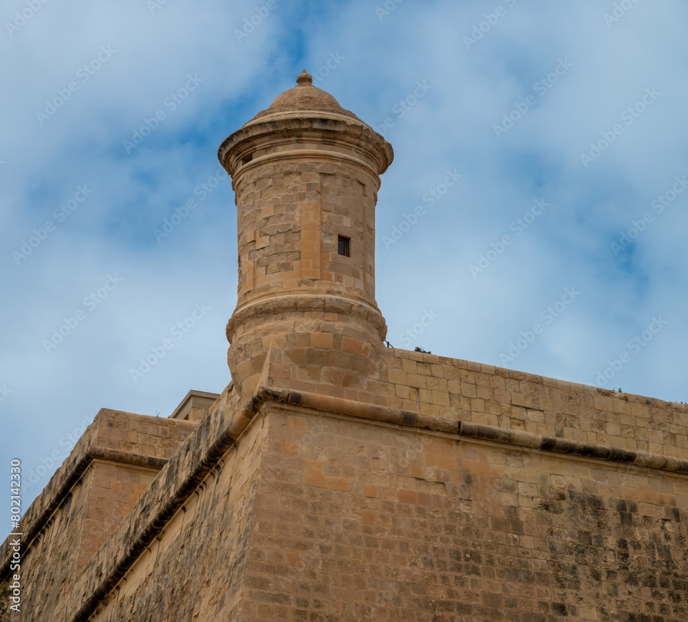 Watch tower in the old city walls of the fortified old town of Valletta (Il-Belt) the capital of Malta