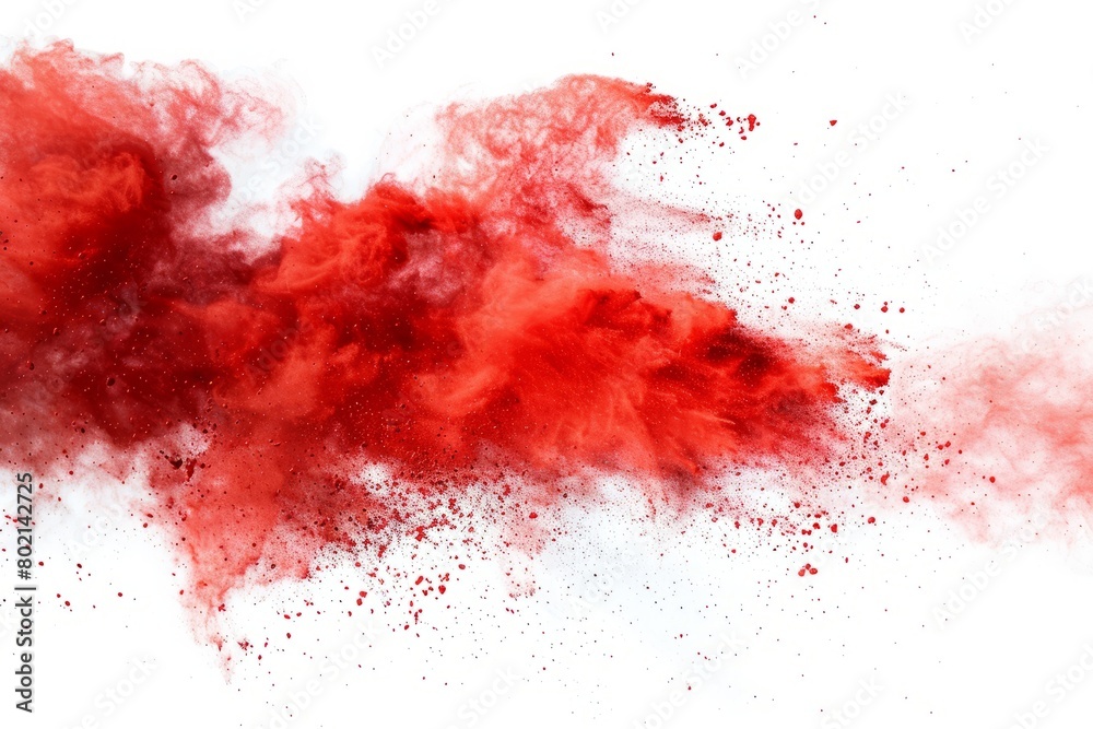 Burst of red chalk particles and dust, showcased against a pure white backdrop