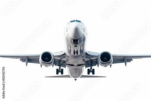Front view of a commercial airplane ascending against a white background highlighting its design and detail