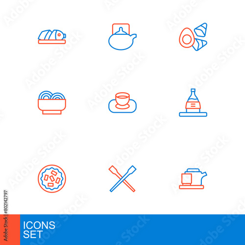 Set line Traditional tea ceremony, Food chopsticks, Homemade pie, Bottle of sake, Asian noodles in bowl, Soy sauce, Chicken egg with vegerables and icon. Vector photo