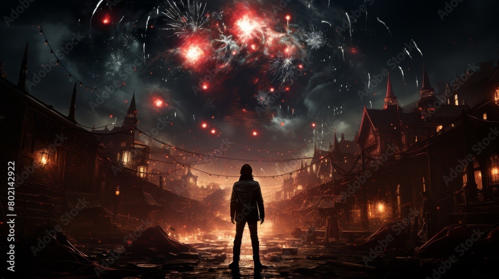 Create a devil leading a parade of monsters through the streets of the underworld, tossing confetti Create a devil leading a parade of monsters through the streets of the underworld, tossing confetti