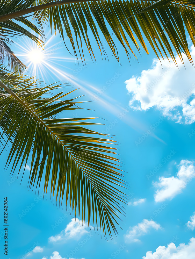 Tropical Palm Leaves against a Bright Blue Sky with Sun Flare
