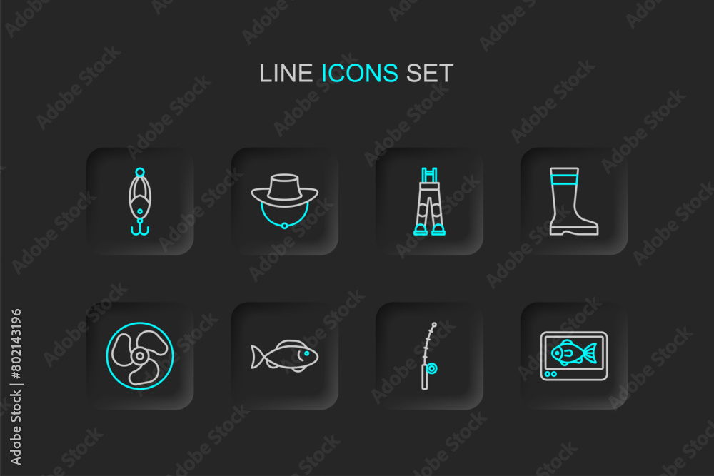 Set line Fish finder echo sounder, Fishing rod, Outboard boat motor, boots, Fisherman pants, Dried fish and lure icon. Vector Set line Fish finder echo sounder, Fishing rod, Outboard boat motor, boots, Fisherman pants, Dried fish and lure icon. Vector