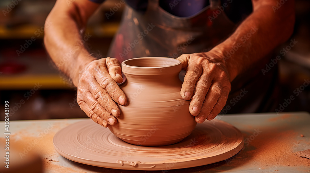 A close-up view captures an elderly man's hands shaping clay on a pottery wheel, crafting a pot with skilled precision. A close-up view captures an elderly man's hands shaping clay on a pottery wheel, crafting a pot with skilled precision.