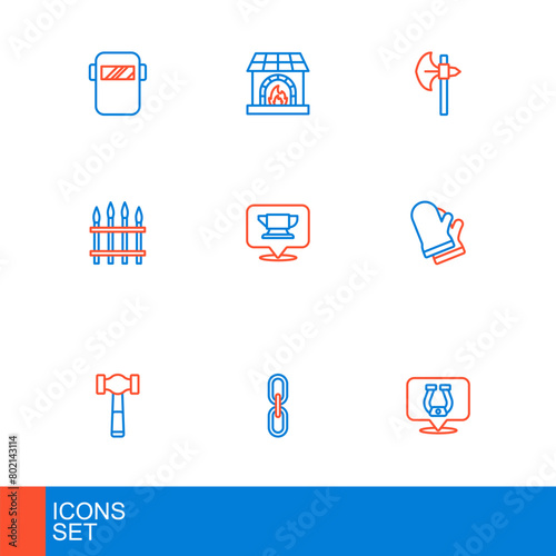 Set line Horseshoe, Chain link, Hammer, Protective gloves, Classic iron fence, Blacksmith anvil tool, Medieval axe and oven icon. Vector