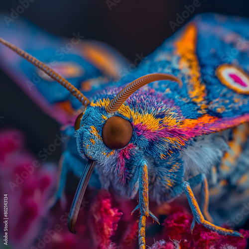 Stunning Macro Image of a Colorful Moth on a Flower Against a Dark Background photo